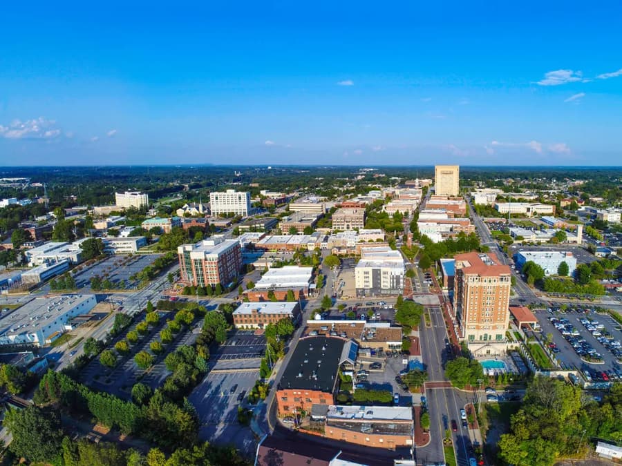 Downtown Spartanburg, SC, from the air, looking east