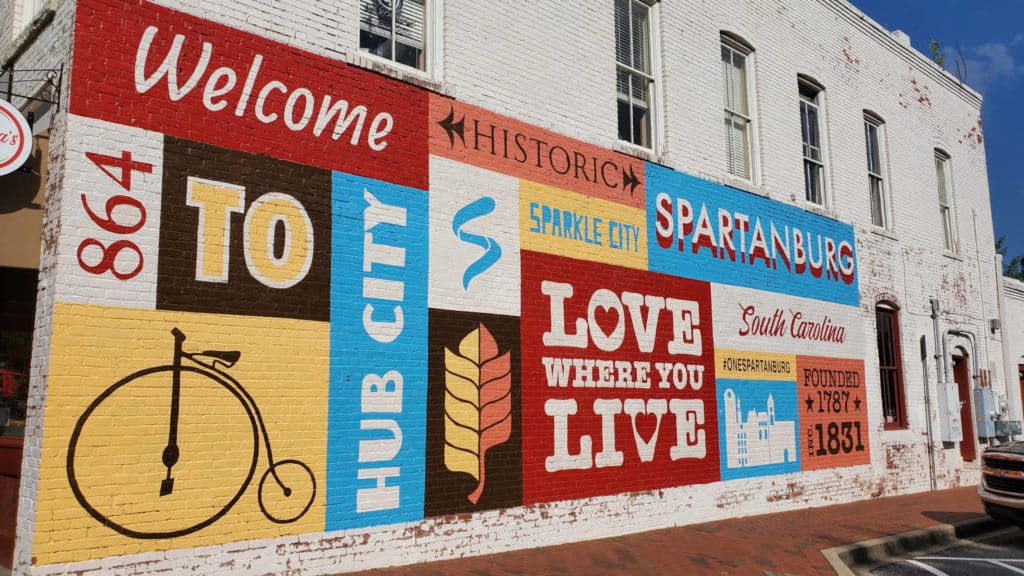 The “Welcome to Spartanburg” mural on a downtown brick wall, Spartanburg, SC