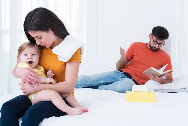 Mother holding a baby on a bed while the father reads a book behind her