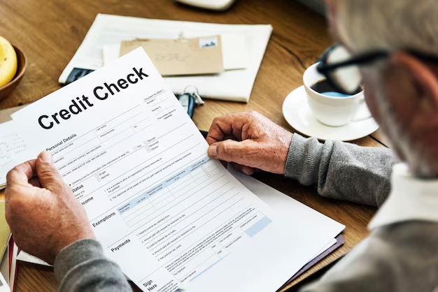 Older man reading a Credit Check form at a desk with coffee