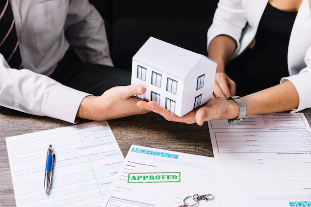 Two people holding a paper house model over mortgage papers stamped Approved
