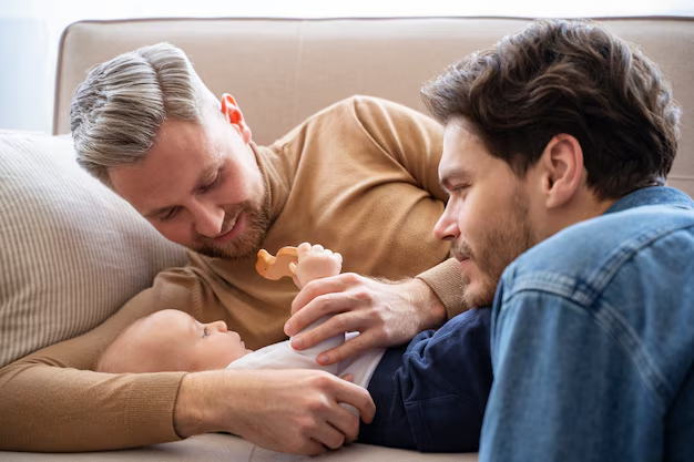 Two men smiling at a baby lying on a sofa