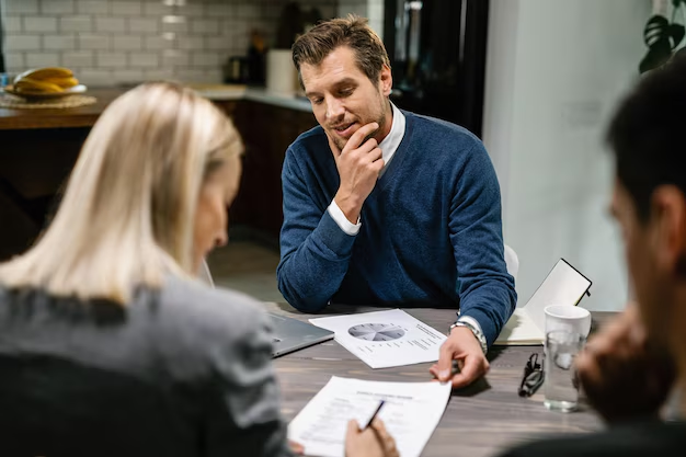 Man reviewing financial documents with two people across a kitchen table