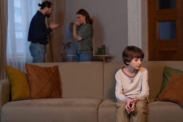 Boy sitting alone on a sofa while his parents argue in the background