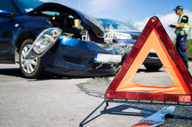 Warning triangle on the road in front of a wrecked blue car