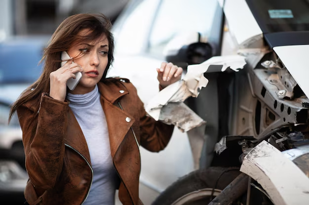 Worried woman on the phone beside a car with a smashed front end