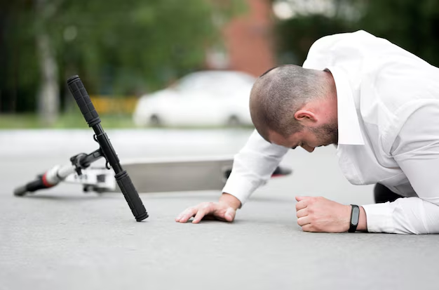 Man in a white shirt lying on the pavement beside a fallen electric scooter