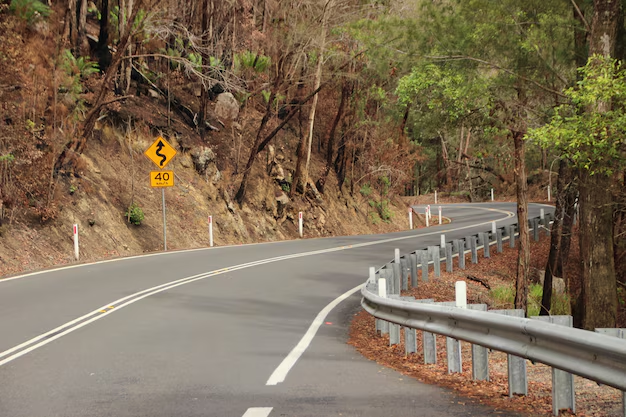 Winding two-lane road with a curve warning sign and guardrail