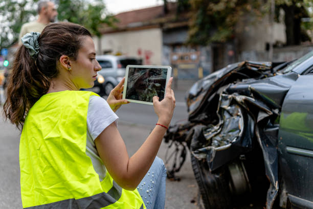 Woman in a high-visibility vest photographing a wrecked car with a tablet