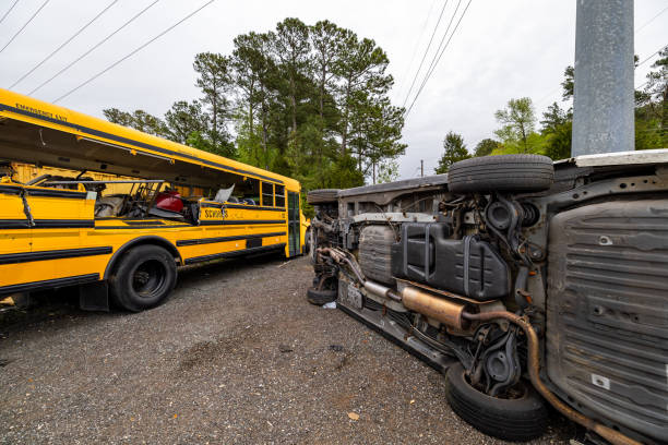 Wrecked yellow school bus and an overturned car in a gravel lot